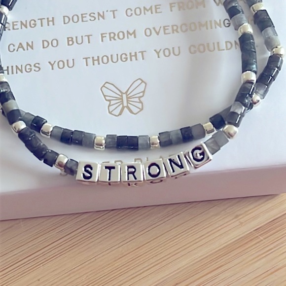 Brand New Set of Silver Plated Beaded Stretch Bracelets Butterfly Charm “Strong” - Picture 3 of 14